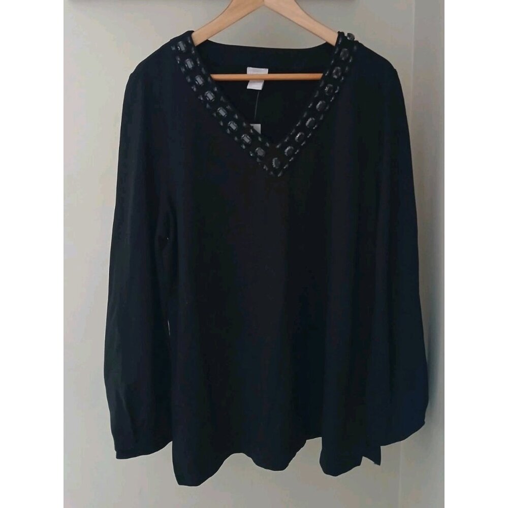 New Chico's Embellished Beaded V Neck Ponte Tunic Blouse